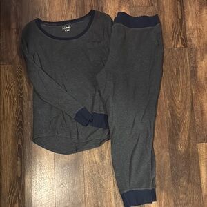 Cozy women’s LL Bean pajamas in dark gray with navy bluee